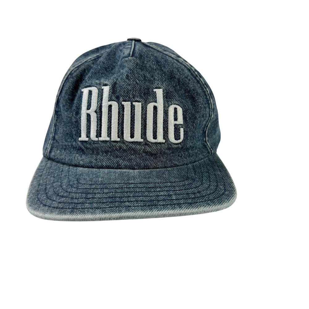 Rhude Washed Denim Snapback Hat Blue Acid Wash Script Logo Green Underbrim OS